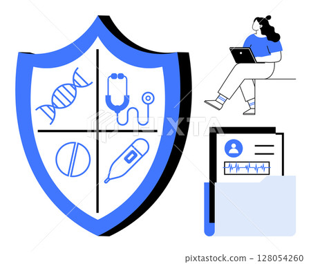 Shield displaying DNA, stethoscope, pill, and thermometer, woman with laptop, medical files. Ideal for digital health, data security, telemedicine, patient care, medical research, health insurance 128054260