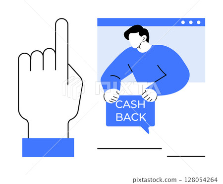 Blue and white design with a hand gesture pointing up and a man holding a cashback sign. Ideal for financial services, online shopping, rewards programs, digital marketing, user interaction Blue and white design with a hand gesture pointing up and a man holding a cashback sign. Ideal for financial services, online shopping, rewards programs, digital marketing, user interaction 128054264