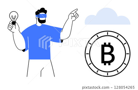 Man wearing VR headset points towards Bitcoin symbol in front of cloud while holding glowing light bulb. Ideal for cryptocurrency, technology, innovation, finance, virtual reality, blockchain Man wearing VR headset points towards Bitcoin symbol in front of cloud while holding glowing light bulb. Ideal for cryptocurrency, technology, innovation, finance, virtual reality, blockchain 128054265