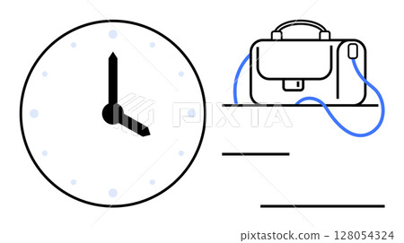 Clock with black hands showing 2 oclock next to a shoulder bag on a table, connected by a blue line. Ideal for time management, work schedules, workplace routines, office hours, productivity 128054324