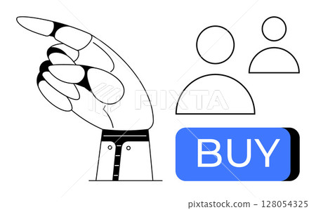 Hand pointing towards BUY button with two user icons. Ideal for e-commerce, online marketing, user interactions, digital purchases, consumer behavior, web interface, and business transactions. Line 128054325