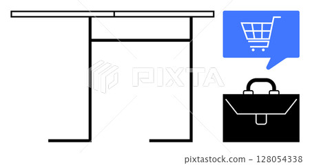 Office desk beside a blue speech bubble featuring a shopping cart icon and a black briefcase. Ideal for e-commerce, business planning, office work, online shopping, presentations, corporate 128054338