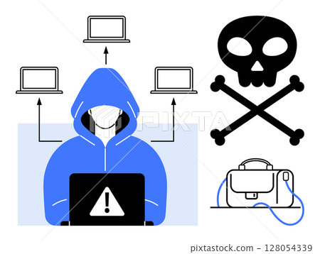 Hooded figure using a laptop with warning symbol connected to multiple devices, alongside a skull and crossbones, and a briefcase. Ideal for cybersecurity, hacking, data protection, online threats 128054339
