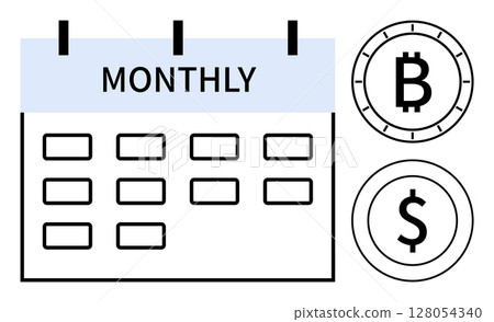 Monthly calendar page with blank dates. Adjacent Bitcoin and Dollar symbols imply recurring financial transactions. Ideal for finance, investment, budgeting, cryptocurrency, economic planning, payday Monthly calendar page with blank dates. Adjacent Bitcoin and Dollar symbols imply recurring financial transactions. Ideal for finance, investment, budgeting, cryptocurrency, economic planning, payday 128054340