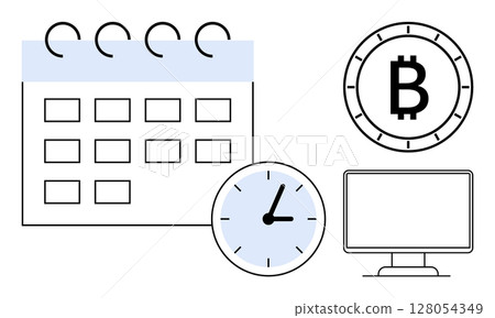Calendar, clock, Bitcoin symbol, and computer monitor illustrating business scheduling, time management, and digital economy. Ideal for business, finance, technology, scheduling cryptocurrency 128054349