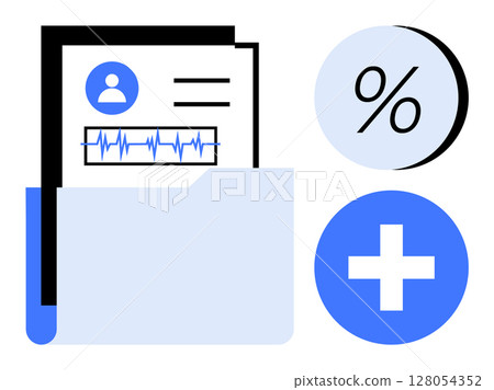 Medical file with patients data and heart rate graph in a folder, percentage symbol, and plus icon. Ideal for healthcare, medical records, statistics, patient management, health monitoring 128054352
