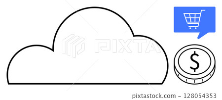 Cloud symbol with shopping cart icon in blue and dollar coin, representing online shopping, e-commerce, financial transactions, and cloud technology. Ideal for technology, finance, digital 128054353