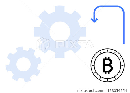 Gear mechanisms and Bitcoin symbol with a bent arrow indicating process flow. Ideal for blockchain, cryptocurrency, technology systems, financial processes, digital currencies, fintech, automation Gear mechanisms and Bitcoin symbol with a bent arrow indicating process flow. Ideal for blockchain, cryptocurrency, technology systems, financial processes, digital currencies, fintech, automation 128054354
