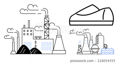 Industrial buildings and factory smoke stacks, coal heaps, and a docked steamer with trailing smoke. Ideal for environment, energy, industry, pollution, transportation, urban planning, manufacturing Industrial buildings and factory smoke stacks, coal heaps, and a docked steamer with trailing smoke. Ideal for environment, energy, industry, pollution, transportation, urban planning, manufacturing 128054355