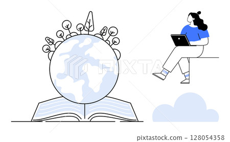 Woman sitting with laptop, open book with globe and tree branches sprouting from it. Ideal for education, online learning, environment, sustainability, information sharing, global studies 128054358