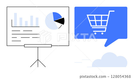 Presentation board with bar and pie charts and text beside a blue speech bubble containing a shopping cart symbol. Ideal for business analysis, e-commerce, marketing strategy, sales performance Presentation board with bar and pie charts and text beside a blue speech bubble containing a shopping cart symbol. Ideal for business analysis, e-commerce, marketing strategy, sales performance 128054368