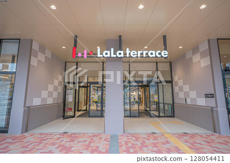 Modern design and logo sign at the first floor entrance of "Lala Terrace Kita-Ayase" Modern design and logo sign at the first floor entrance of "Lala Terrace Kita-Ayase" 128054411