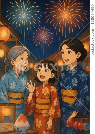 Three generations blooming in the fireworks 128054490