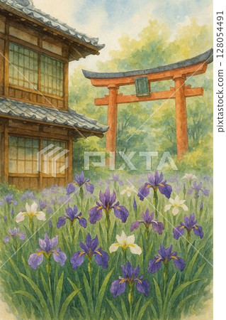 Torii gates and flowers in early summer 128054491
