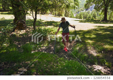 Man Hiking in Sunlit Forest Clearing With Trekking Poles Man Hiking in Sunlit Forest Clearing With Trekking Poles 128054558