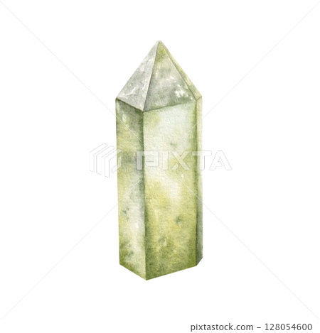 Green crystal, watercolor hand drawn illustration isolated on white background. Green crystal, watercolor hand drawn illustration isolated on white background. 128054600