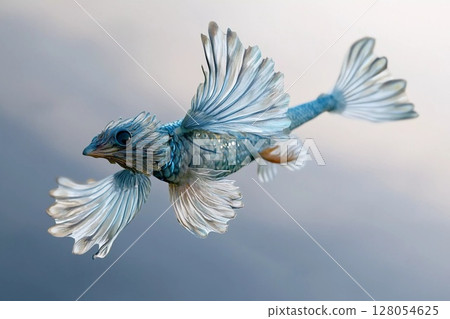Unique depiction of a fish with wings soaring through a bright blue sky filled with clouds Unique depiction of a fish with wings soaring through a bright blue sky filled with clouds 128054625
