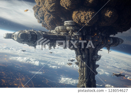 Floating tree city in space showcases futuristic architecture amid the cosmos 128054627