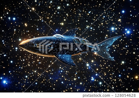 Futuristic spaceship shaped like a fish gliding through a star-filled cosmos Futuristic spaceship shaped like a fish gliding through a star-filled cosmos 128054628