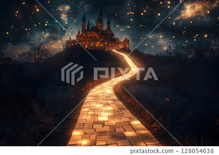 Majestic castle illuminated by glowing pathway at night under a starry sky 128054638