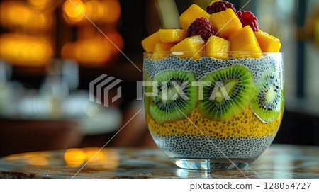 A colorful dessert bowl filled with layers of chia seeds, mango, kiwi slices, and raspberries. The bowl is placed on a marble table in a cozy setting. A colorful dessert bowl filled with layers of chia seeds, mango, kiwi slices, and raspberries. The bowl is placed on a marble table in a cozy setting. 128054727