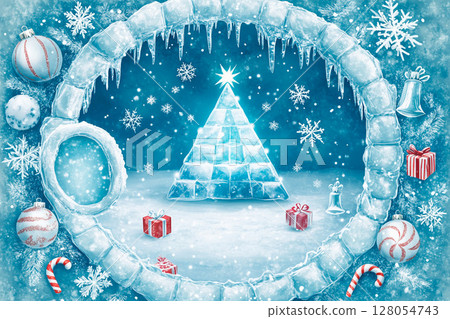 Explore the wonders of winter within an arctic circular frame featuring an icy igloo and festive decorations 128054743