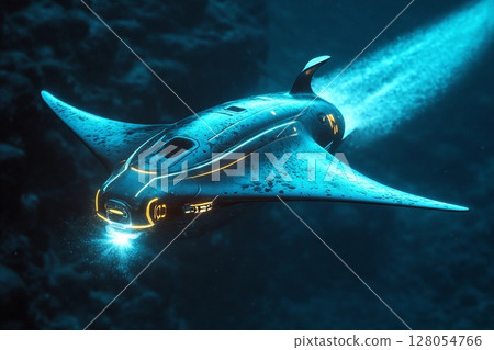 Glowing stingray-shaped submarine purifying the ocean floor while exploring deep marine environments 128054766