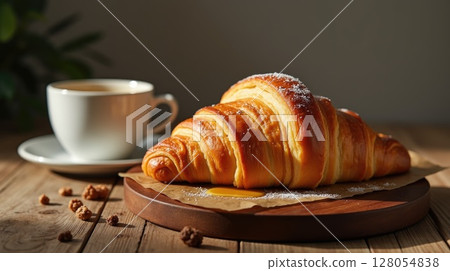 A freshly baked croissant on a wooden plate next to a cup of coffee. The scene is warm and inviting, perfect for a breakfast setting. A freshly baked croissant on a wooden plate next to a cup of coffee. The scene is warm and inviting, perfect for a breakfast setting. 128054838