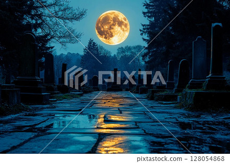 Bright full moon illuminates cemetery with stone graves and crosses in eerie nighttime atmosphere 128054868