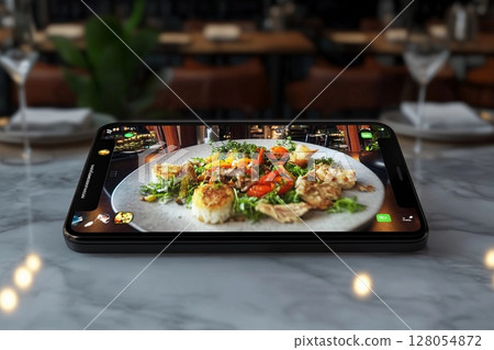 AR-enhanced restaurant menu displays realistic 3D food in upscale dining environment 128054872