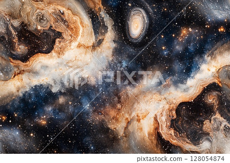 Swirling marble patterns filled with galaxy-inspired stars create a cosmic atmosphere in vibrant colors 128054874