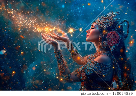 Mystical goddess catches shooting stars under a starry night sky in a vibrant meadow 128054889