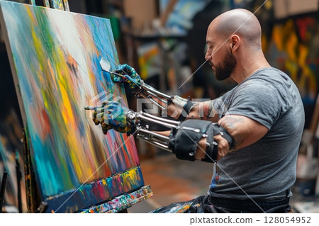Creative artist with prosthetic arms passionately expresses himself through painting in an art studio space during daytime 128054952