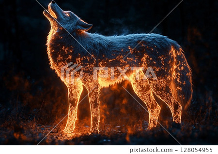 Massive glowing wolf howling into the night under a starry sky, surrounded by trees and foliage 128054955