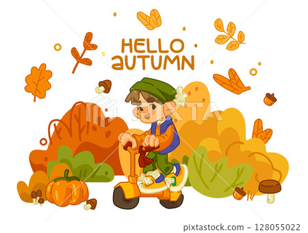 Autumn Kid Riding Scooter Illustration Autumn Kid Riding Scooter Illustration 128055022