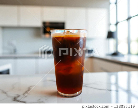 Iced coffee on a marble kitchen counter 128055119