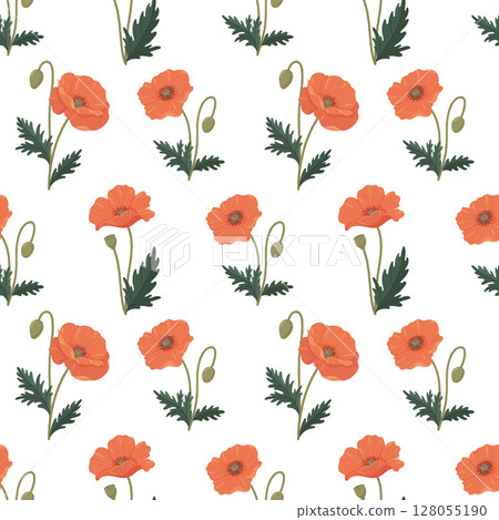 Poppies seamless vector pattern. Bright various poppies in flat style 128055190