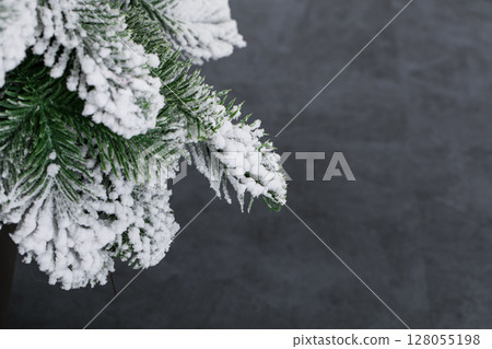 a branch of a pine tree covered in snow against a dark background a branch of a pine tree covered in snow against a dark background 128055198