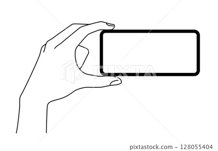 Simple line drawing vector illustration of a hand holding a smartphone in landscape orientation 128055404