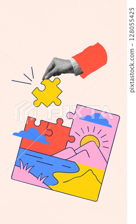 Colorful poster. Hand placing final piece in colorful landscape puzzle 128055425