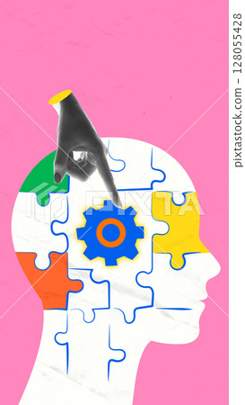 Abstract collage. Human head made of puzzle pieces with hand pointing at gear Abstract collage. Human head made of puzzle pieces with hand pointing at gear 128055428