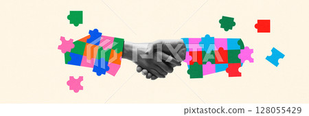 Collage-style artwork. Handshake made of colorful puzzle pieces. Banner 128055429