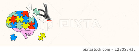 Bright collage. Hand placing final puzzle piece into colorful brain. Banner 128055433