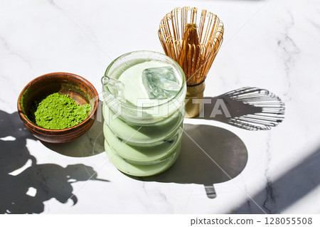 Iced Matcha Refreshment. Refreshing iced matcha drinks with a bamboo whisk and matcha powder Iced Matcha Refreshment. Refreshing iced matcha drinks with a bamboo whisk and matcha powder 128055508