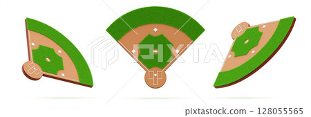 3d baseball field stadium top and side view. Diamond shaped infield with home bases, foul lines and green grass. Empty sport arena for match or championship, isolated render icon set. 3D illustration 128055565