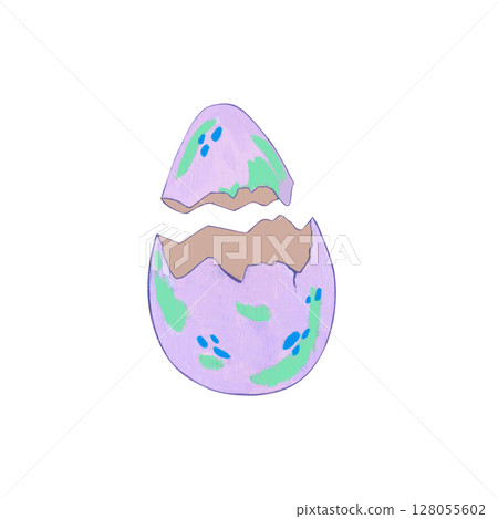 A broken egg is purple with green spot. Watercolor illustration of a fantasy dragon egg in cartoon style. Suitable for Easter themes, spring project, creation of fairy tale creatures, children design. 128055602