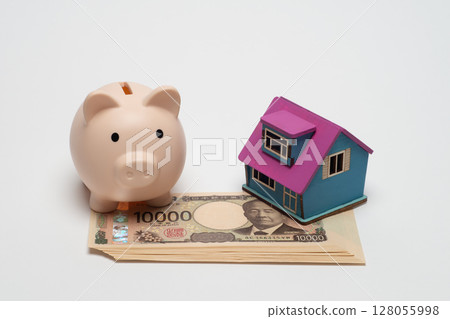 購買新房的錢和 10,000 日元鈔票 購買新房的錢和 10,000 日元鈔票 128055998