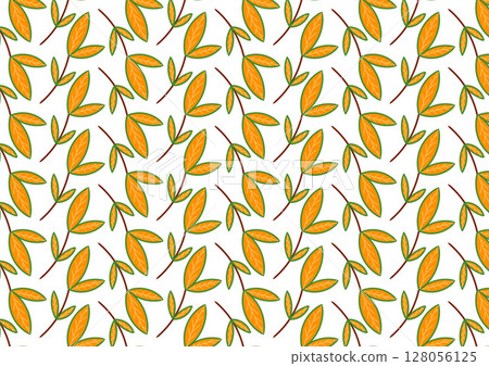 A seamless pattern features stylized orange leaves on branches . 128056125