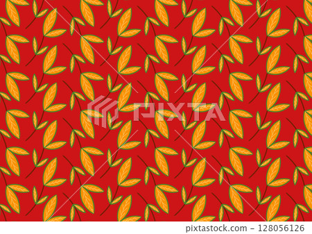 A seamless pattern features stylized orange leaves on branches . 128056126