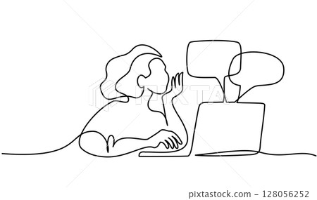 Back to school card. Female student studying online for university online education website. Girl has chat at laptop 128056252